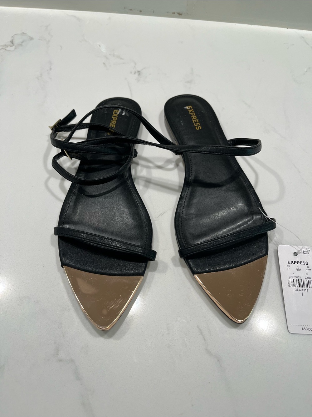 Express Black Pointed Toe Strappy Sandals with Gold Cap